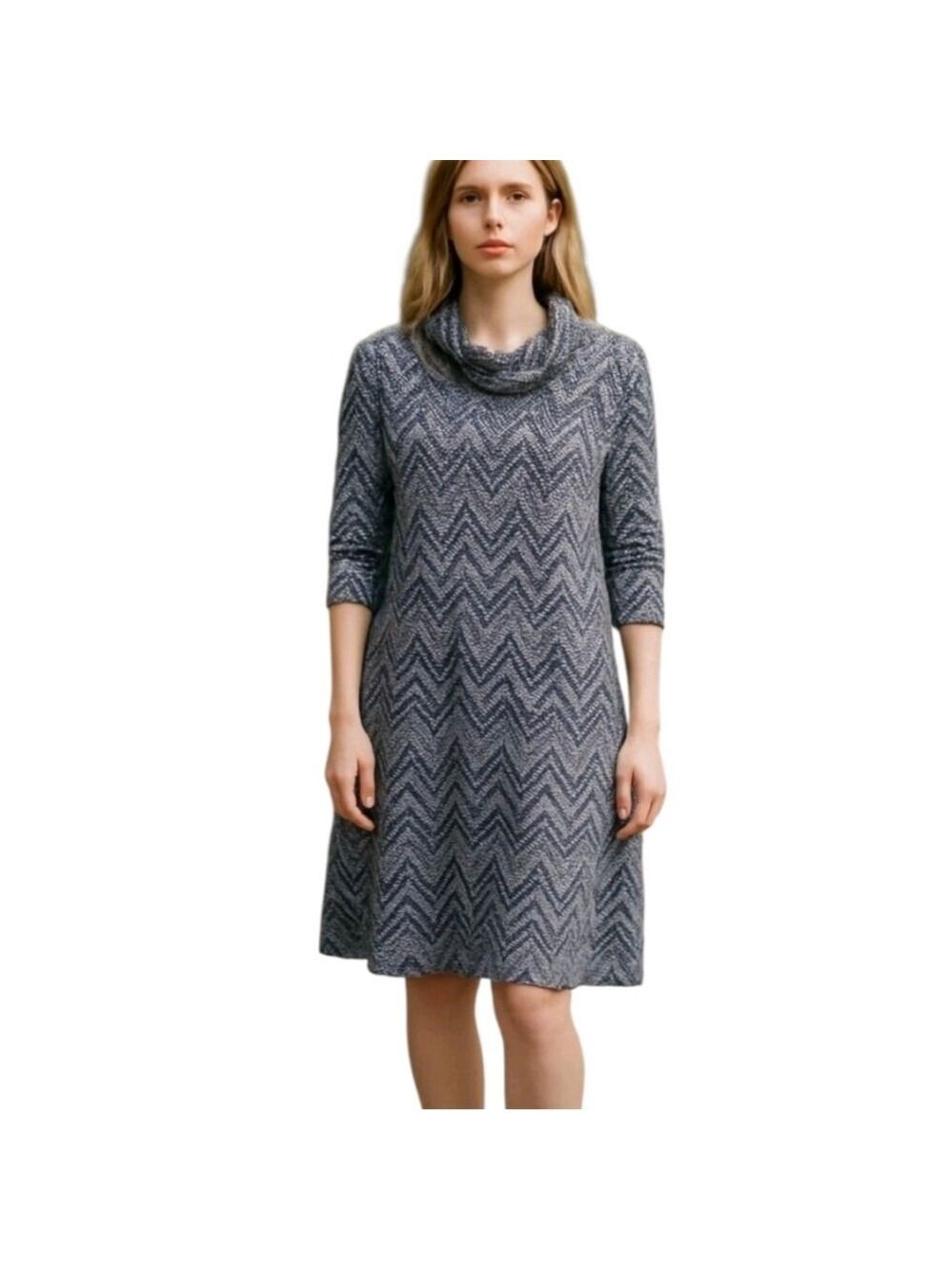SHARAGANO Grey Geometric Cowl Neck Long Sleeve Jersey Knit Plus Size Dress 14W